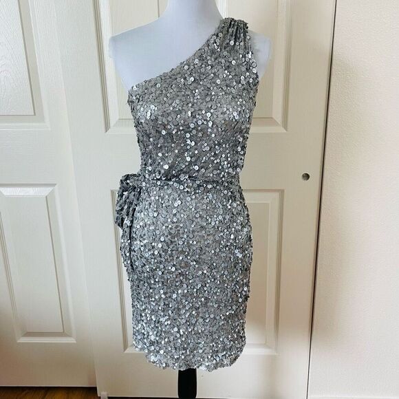 Aidan Mattox One Shoulder Sequin Dress Silver Size 0 - Picture 14 of 14